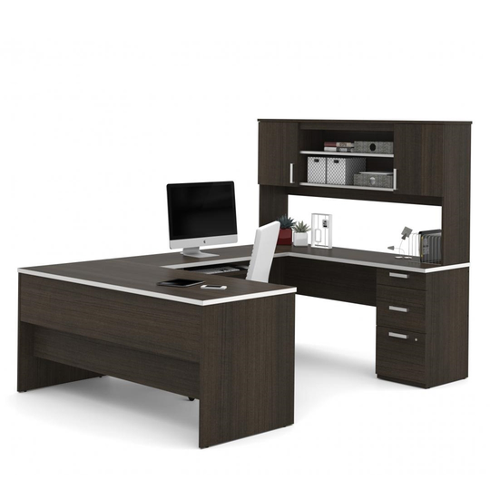 Bestar Ridgeley 65-in U-Desk with Pedestal and Hutch - Dark Chocolate