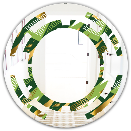 Designart 24-in x 24-in Triangular Gold and Green Design I Modern Round Decorative Mirror