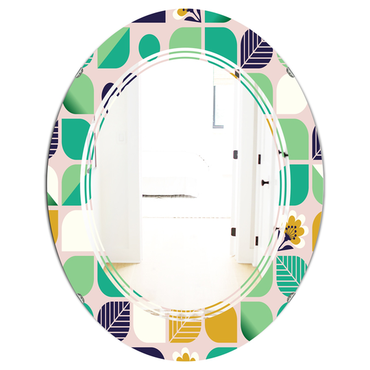 Designart 31.5-in x 23.7-in Geometric Pattern with Leaves and Flowers Modern Oval Mirror in Green