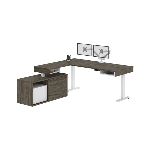 Bestar Pro-Vega Modern L-Shaped Standing Desk with Monitor Arm and Credenza - 80.3-in - Walnut Grey/White