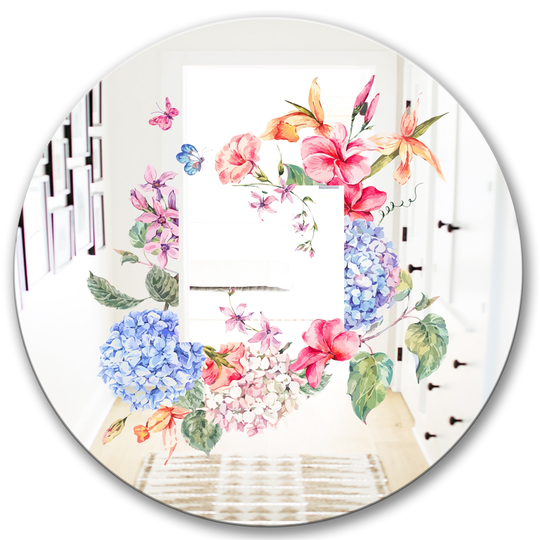 Designart Garland Sweet 5 Round 24-in L x 24-in W Polished Country Blue Wall Mounted Mirror