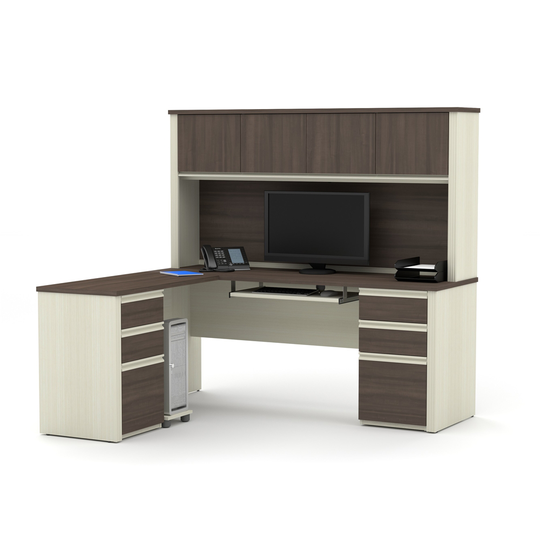 Bestar Prestige + 72-in L-Desk with Two Pedestals and Hutch - White choco and Antigua