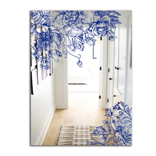 Designart Vintage Flowers 8 Rectangular 35.4-in L x 23.6-in W Polished Country Blue Wall Mounted Mirror