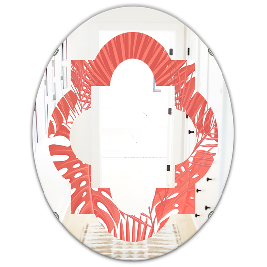 Designart 31.5-in x 23.7-in Tropical Retro Foliage Coral I Modern Oval Mirror in Red