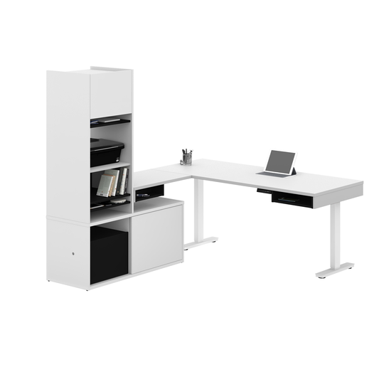 Bestar Pro-Vega Modern L-Shaped Standing Desk with Credenza and Hutch - 80.3-in - White/Black