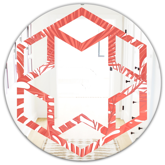 Designart Tropical Retro Foliage Coral I Modern Round Wall Mirror - Red