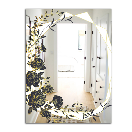 Designart Gold Botanical Obsidian 1 Rectangular 35.4-in L x 23.6-in W Polished Country Black Wall Mounted Mirror