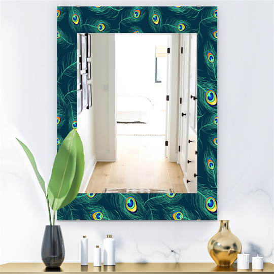 Designart 35.4-in x 23.6-in Blue Pattern of Peacock Feathers Modern Mirror