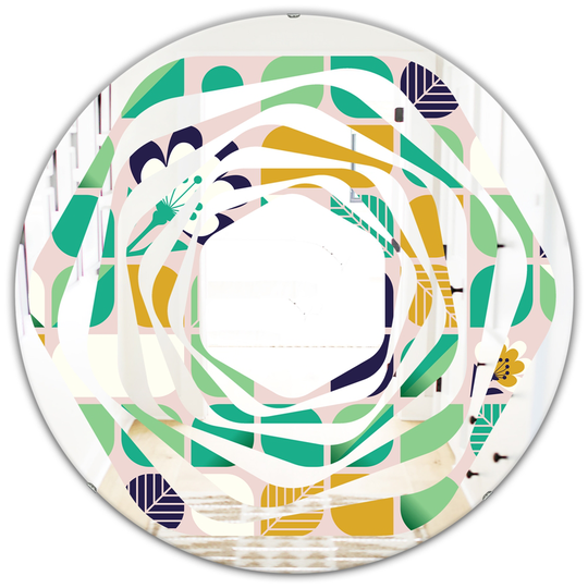 Designart Geometric Pattern with Leaves and Flowers Modern Round Wall Mirror in Green
