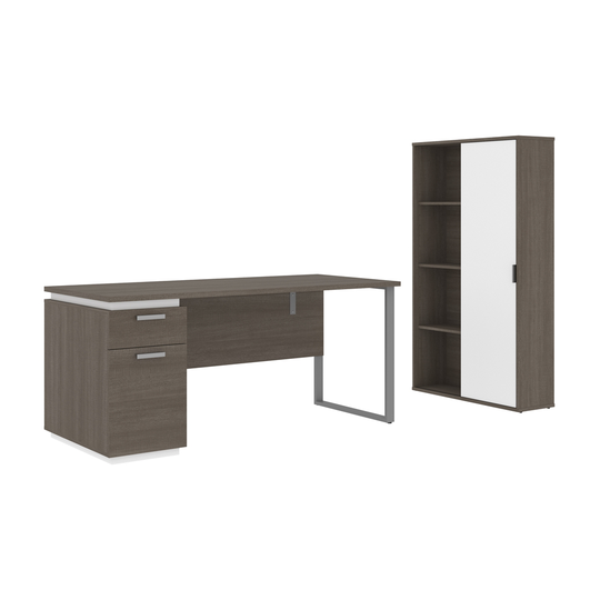 Bestar Aquarius 66W Desk and Pedestal & Storage Cabinet in Bark Grey & White