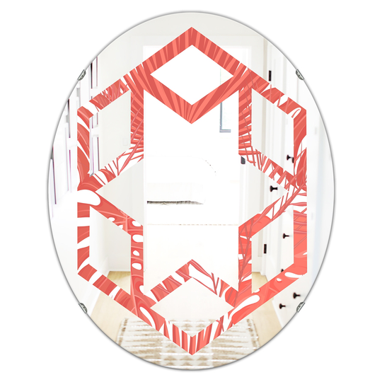 Designart 31.5-in x 23.7-in Tropical Retro Foliage Coral I Modern Oval Wall Mirror in Red