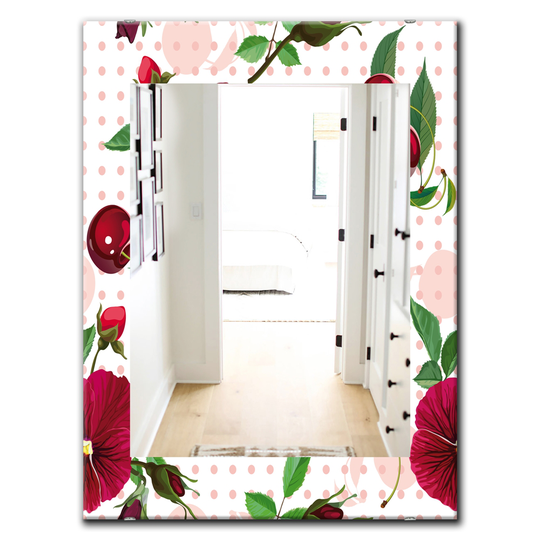 Designart Canada 35.4-in L x 23.6-in W Rectangle Pansies Cherries and Roses on Pink Dotted Polished Wall Mirror