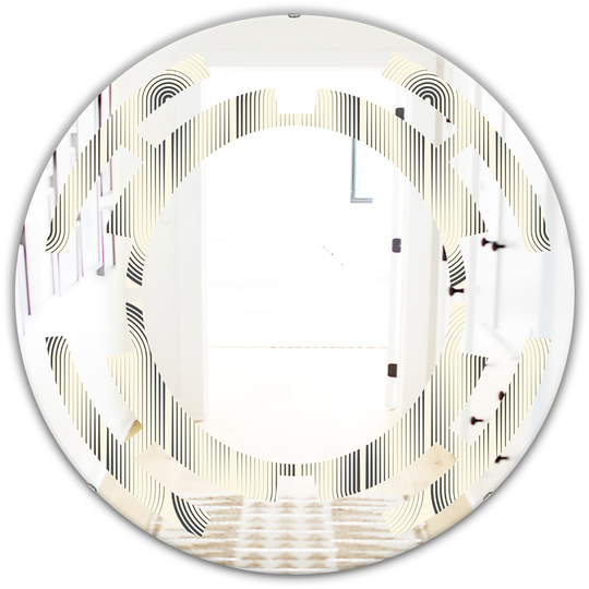 Designart Grey Round 24-in Retro Curved Minimal Geometric Ornament I Polished Wall Mirror