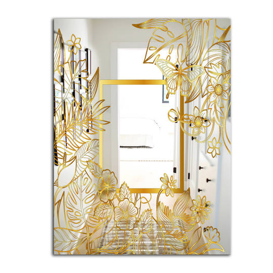 Designart Capital Gold Botanical Bliss 5 Rectangular 35.4-in L x 23.6-in W Polished Glam Wall Mounted Mirror