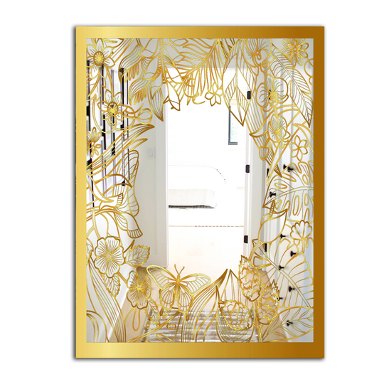 Designart Capital Gold Botanical Bliss 3 Rectangular 35.4-in L x 23.6-in W Polished Glam Wall Mounted Mirror