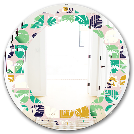 Designart 24-in x 24-in Geometric Pattern with Leaves and Flowers Modern Round Decorative Mirror in Green
