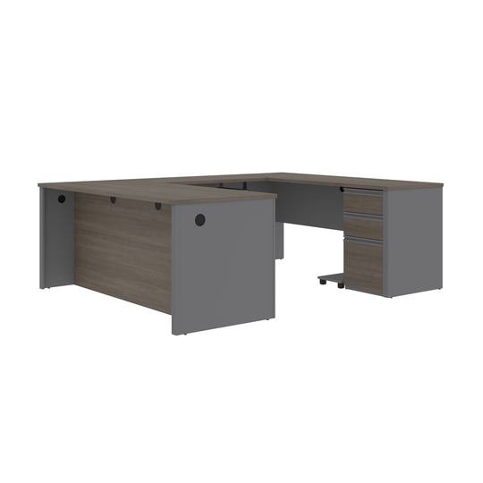 Bestar Prestige + 72-in U-Shaped Executive Desk with Pedestal - Bark Grey and Slate