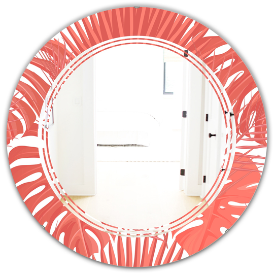 Designart 24-in x 24-in Tropical Retro Foliage Coral I Modern Round Decorative Mirror in Red