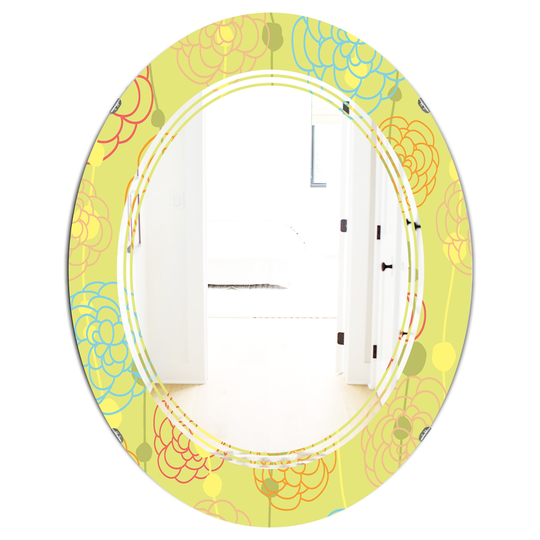 Designart Retro Handdrawn Flowers Oval 31.5-in L x 23.7-in W Polished Edge Modern Yellow Wall Mounted Mirror