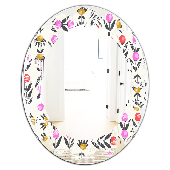 Designart Multicolour 31.5-in L x 23.7-in W Oval Retro Abstract Floral Design XI Polished Wall Mirror
