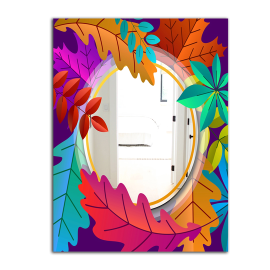 Designart Autumn with Round and Leaves Rectangular 35.4-in L x 23.6-in W Polished Farmhouse Multicolour Wall Mounted Mirror