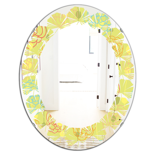 Designart Retro Handdrawn Flowers 31.5-in L x 23.7-in W Polished Modern Yellow Wall Mounted Oval Mirror