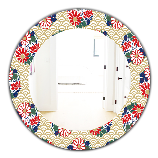 Designart 24-in x 24-in Yellow/Gold Japanese Floral Pattern Bohemian and Eclectic Mirror