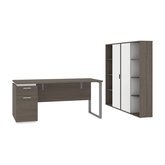 Bestar Aquarius 66W Desk and Pedestal & Storage Cabinets in Bark Grey & White