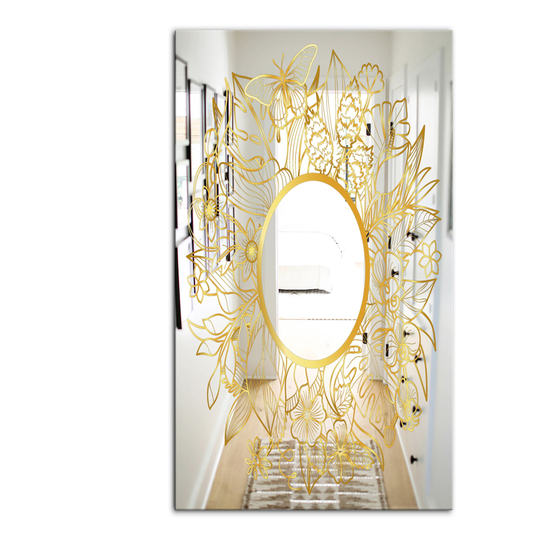 Designart Capital Gold Botanical Bliss 2 Rectangular 35.4-in L x 23.6-in W Polished Glam Wall Mounted Mirror