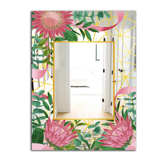 Designart Efflorescent Gold Pink 4 Rectangular 35.4-in L x 23.6-in W Polished Modern Wall Mounted Mirror