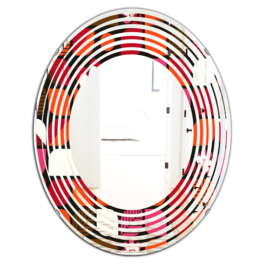 Designart 31.5-in x 23.7-in Geometric Retro Flower Design I Modern Oval Wall Mirror in Red