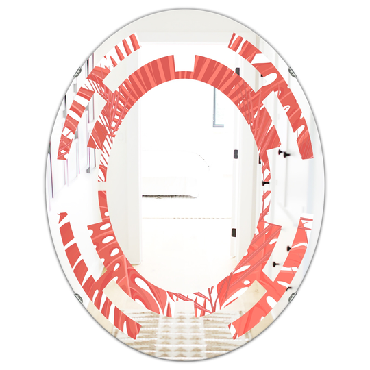 Designart 31.5-in x 23.7-in Red Tropical Retro Foliage Coral I Modern Oval Wall Mirror