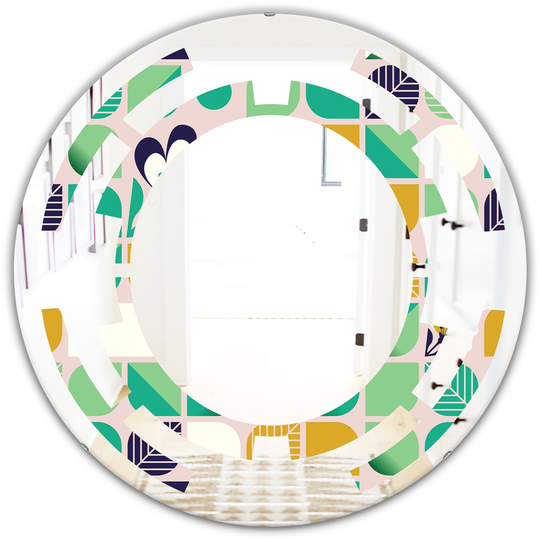 Designart 24-in x 24-in Green Geometric Pattern with Leaves and Flowers Modern Round Wall Mirror