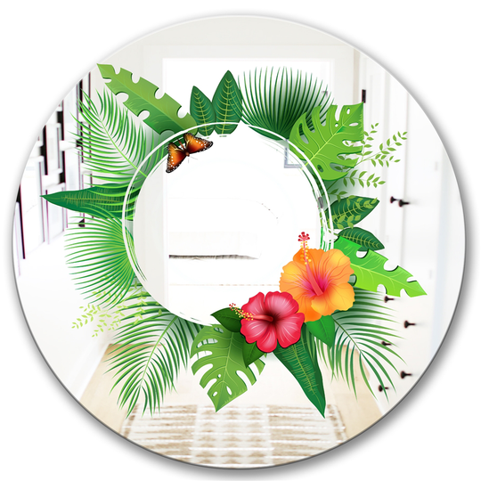 Designart Tropical Leaves Round 24-in L x 24-in W Polished Farmhouse Green Wall Mounted Mirror