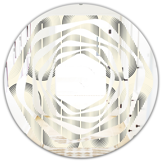 Designart Grey 24-in Round Retro Curved Minimal Geometric Ornament I Polished Wall Mirror