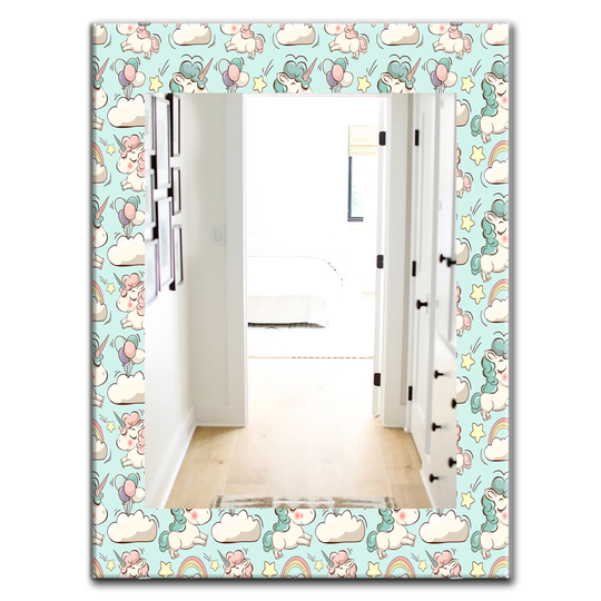 Designart 35.4-in x 23.6-in Blue Pattern with Cute Unicorns and Clouds Modern Mirror