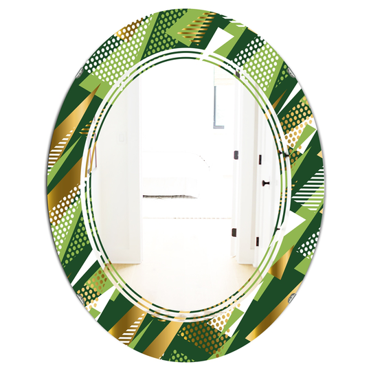 Designart 31.5-in Triangular Gold and Green Design I Modern Oval Wall Mirror