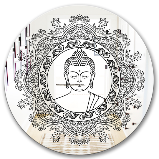 Designart Stencilled Buddha Mandala Round 24-in L x 24-in W Polished Country Black Wall Mounted Mirror