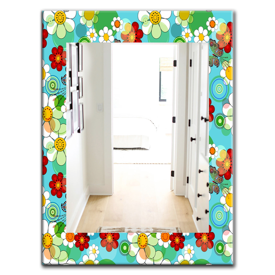 Designart 35.4-in x 23.6-in Blue Vintage Flowers Bohemian and Eclectic Mirror