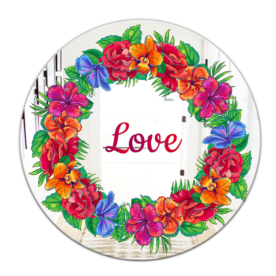 Designart Love and Flowers Round 24-in L x 24-in W Polished Country Red Wall Mounted Mirror