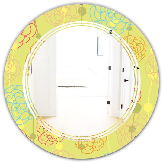 Designart Retro Handdrawn Flowers Round 24-in L x 24-in W Polished Modern Wall Mounted Mirror-Yellow