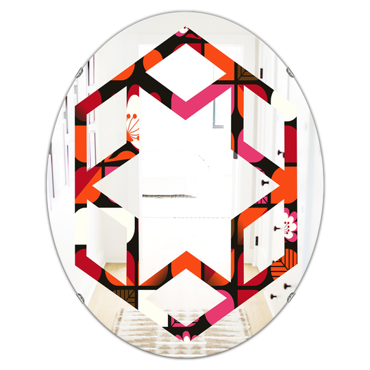 Designart 31.5-in Geometric Retro Flower Design I Modern Oval Mirror in Red