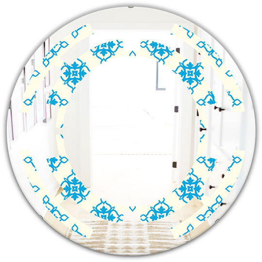 Designart Round Blue 24-in Retro Ornamental Pattern I Polished Wall Mirror