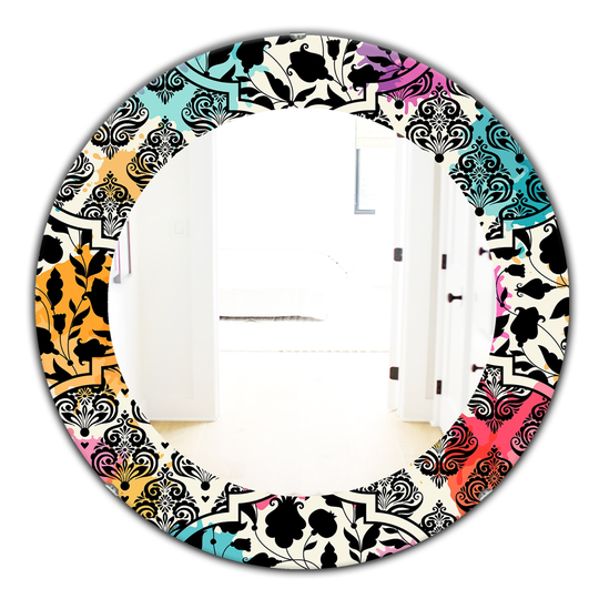 Designart Canada 24-in L x 24-in W Round Black Floral with Pops of Colour Polished Wall Mirror
