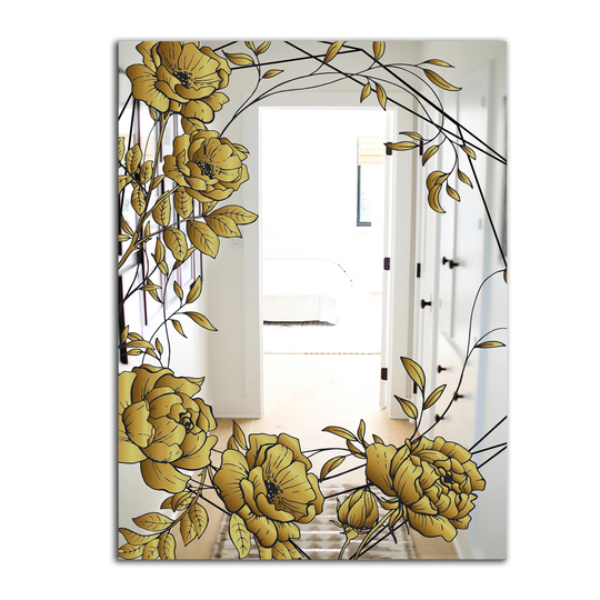 Designart Gold Botanical Blooming 6 Rectangular 35.4-in L x 23.6-in W Polished Country Wall Mounted Mirror