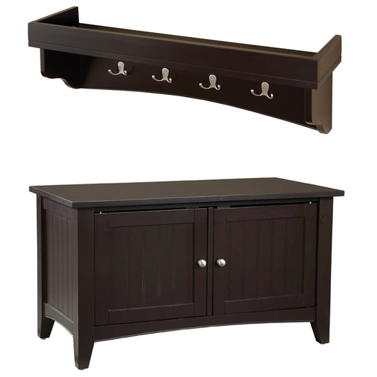 Alaterre Shaker Cottage Chocolate 4-Hook Hook Rack with Tray Shelf and Cabinet Bench