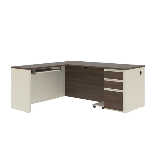 Bestar Prestige + 72-in L-Shaped Desk with Pedestal - White Chocolate and Antigua