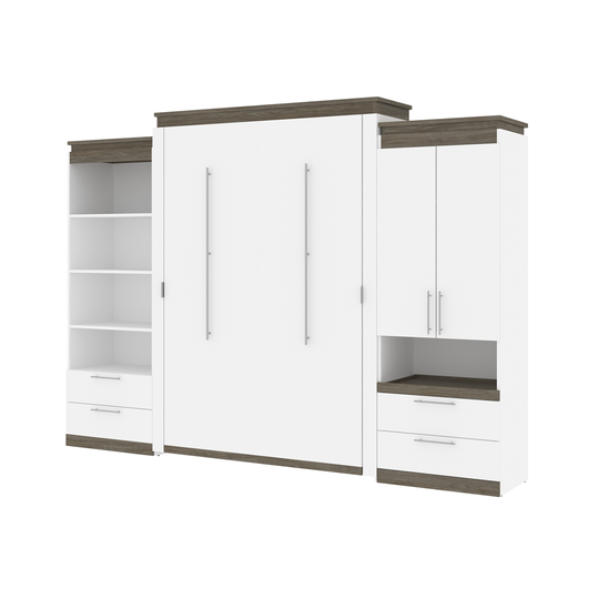 Bestar Orion Walnut Grey & White Queen Murphy Bed Integrated Storage