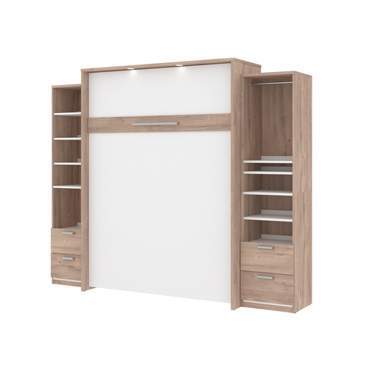 Bestar Cielo Queen Murphy Bed Integrated Storage (White & Rustic Brown)