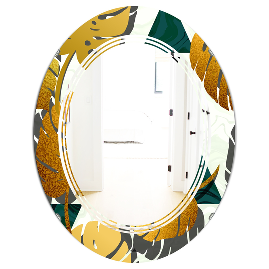 Designart 31.5-in x 23.7-in Golden Foliage V Modern Oval Wall Mirror - Multi-Colour